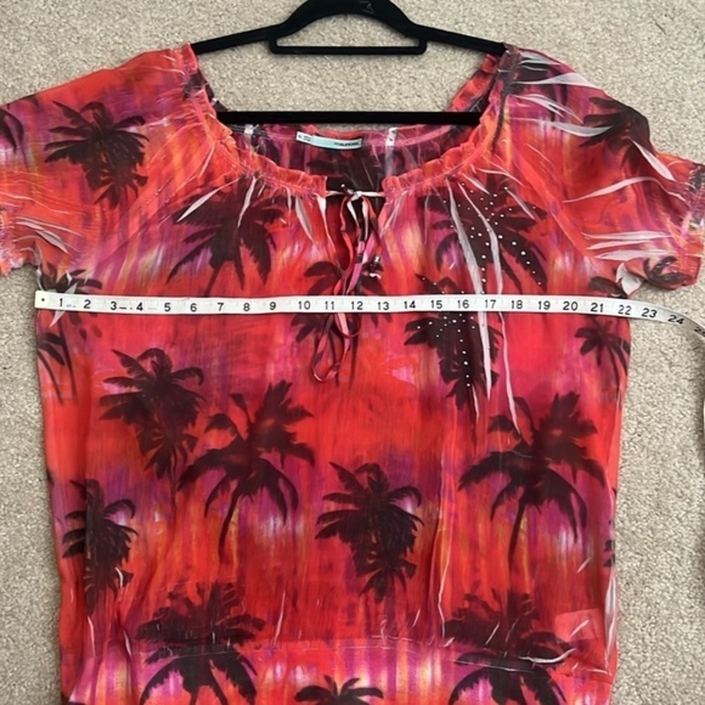 Maurices Palm Tree Blouse Sheer Tie Neck Short Sleeve Red XL - Picture 8 of 10